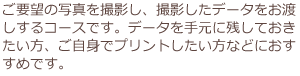 ご要望の写真を撮影し、撮影したデータをお渡しするコースです。データを手元に残しておきたい方、ご自身でプリントしたい方などにおすすめです。