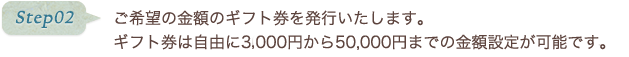 step02 ご希望の金額のギフト券を発行いたします。ギフト券は自由に3000円から50,000円までの金額設定が可能です。