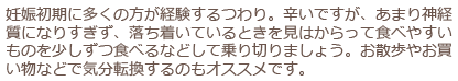 妊娠初期に多くの方が経験するつわり。辛いですが、あまり神経質になりすぎず、落ち着いているときを見はからって食べやすいものを少しずつ食べるなどして乗り切りましょう。お散歩やお買い物などで気分転換するのもオススメです。